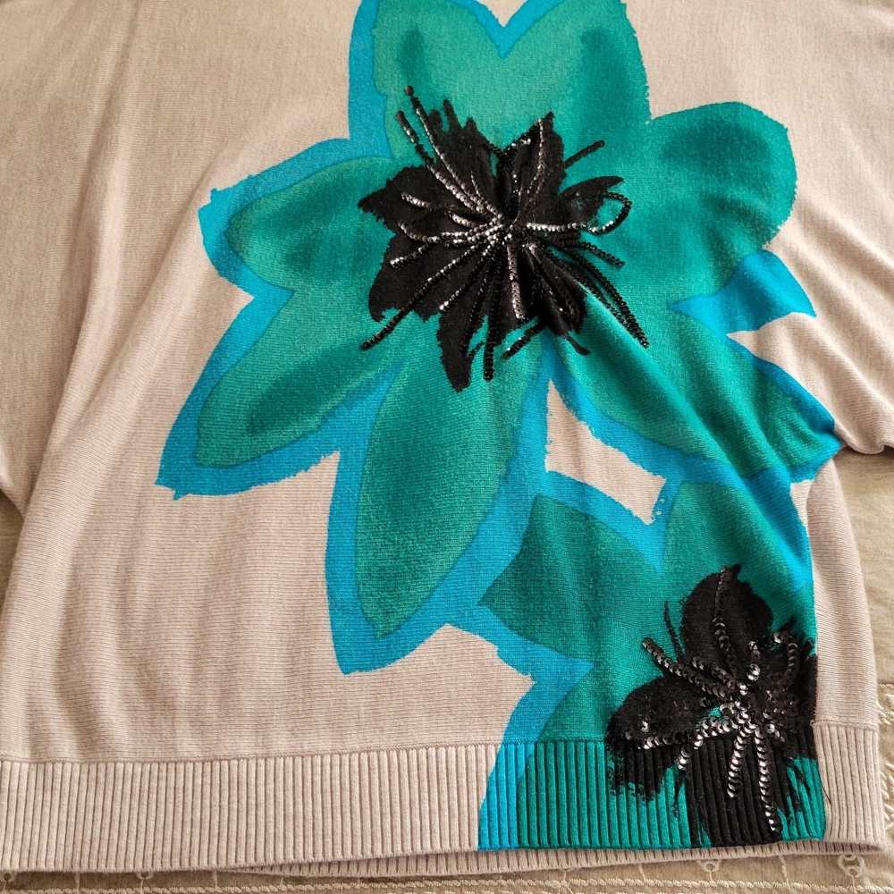 Inc International Concepts Floral Embellished Sweater - Teal and Black M